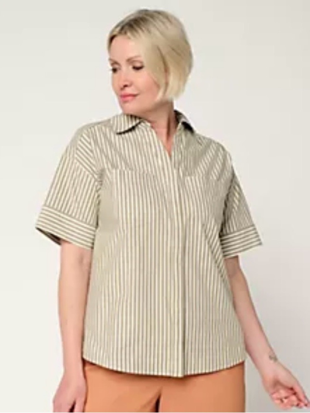 Martha Stewart Vertical Striped Short-Sleeve Button Blouse - Beige & White